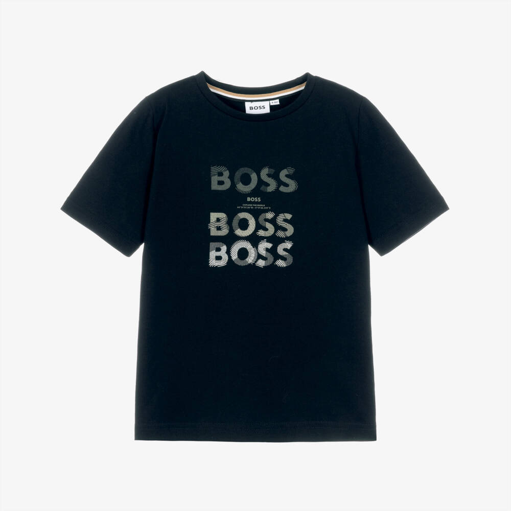 BOSS-Boys Black Cotton T-Shirt with Triple Logo Print  | Childrensalon