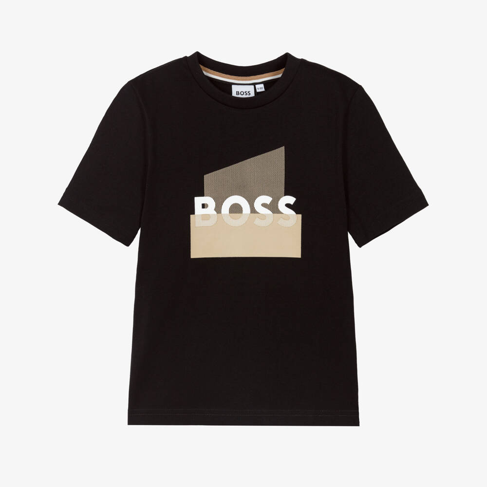 BOSS-Boys Black Cotton T-Shirt with Updated Split Logo Print | Childrensalon