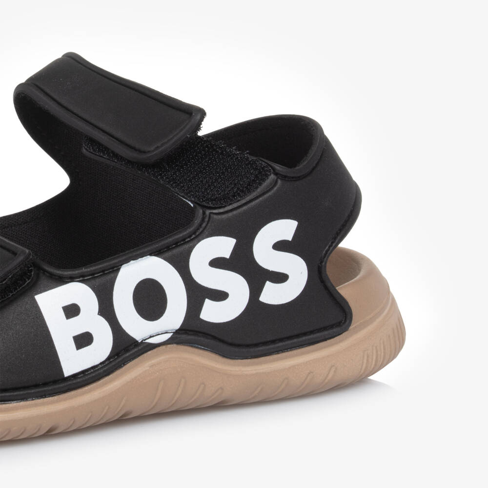 BOSS-Boys Black Faux Leather Sandals | Childrensalon