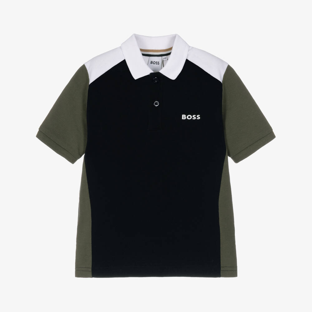BOSS-Boys Black & Green Cotton Piqué Polo Shirt | Childrensalon