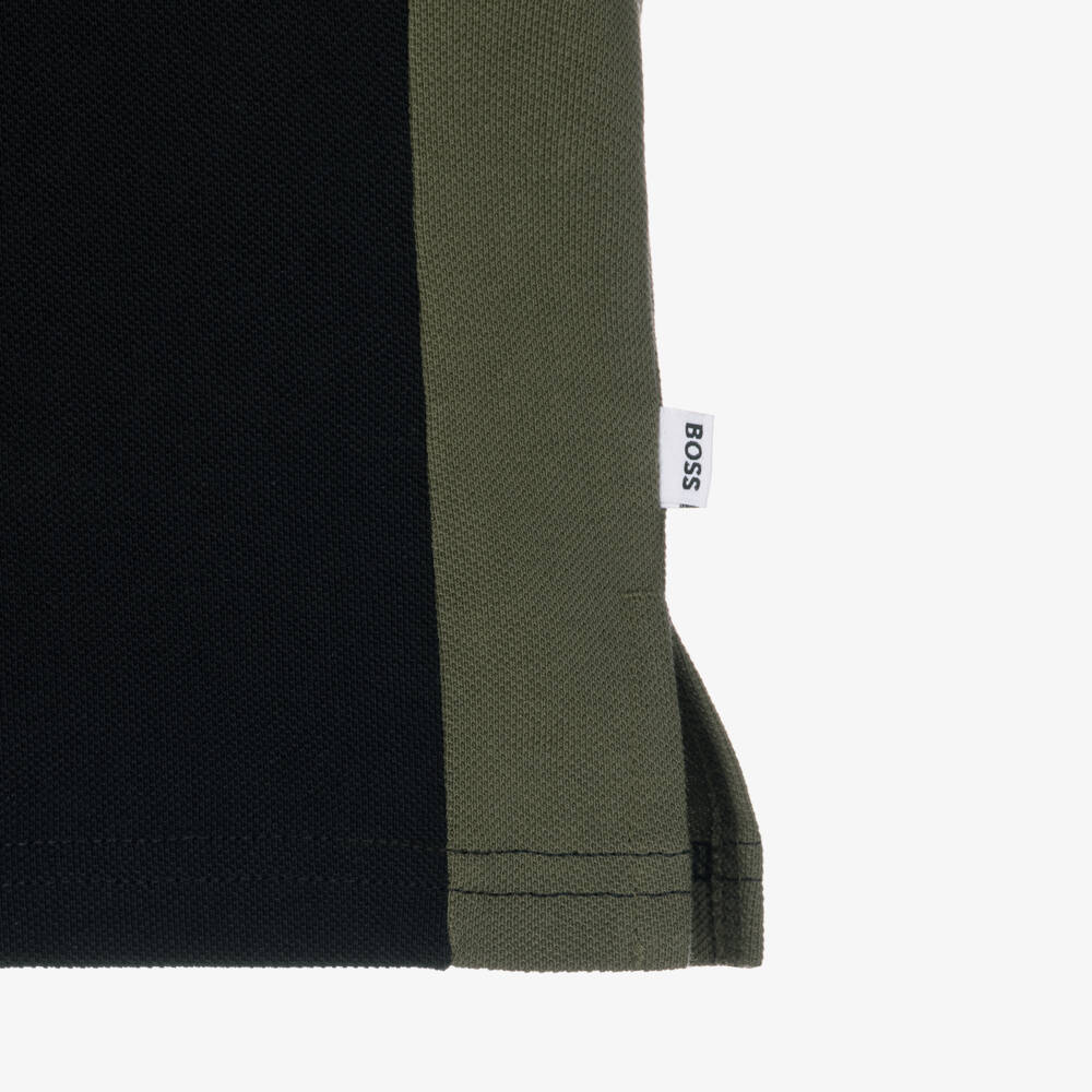 BOSS-Boys Black & Green Cotton Piqué Polo Shirt | Childrensalon