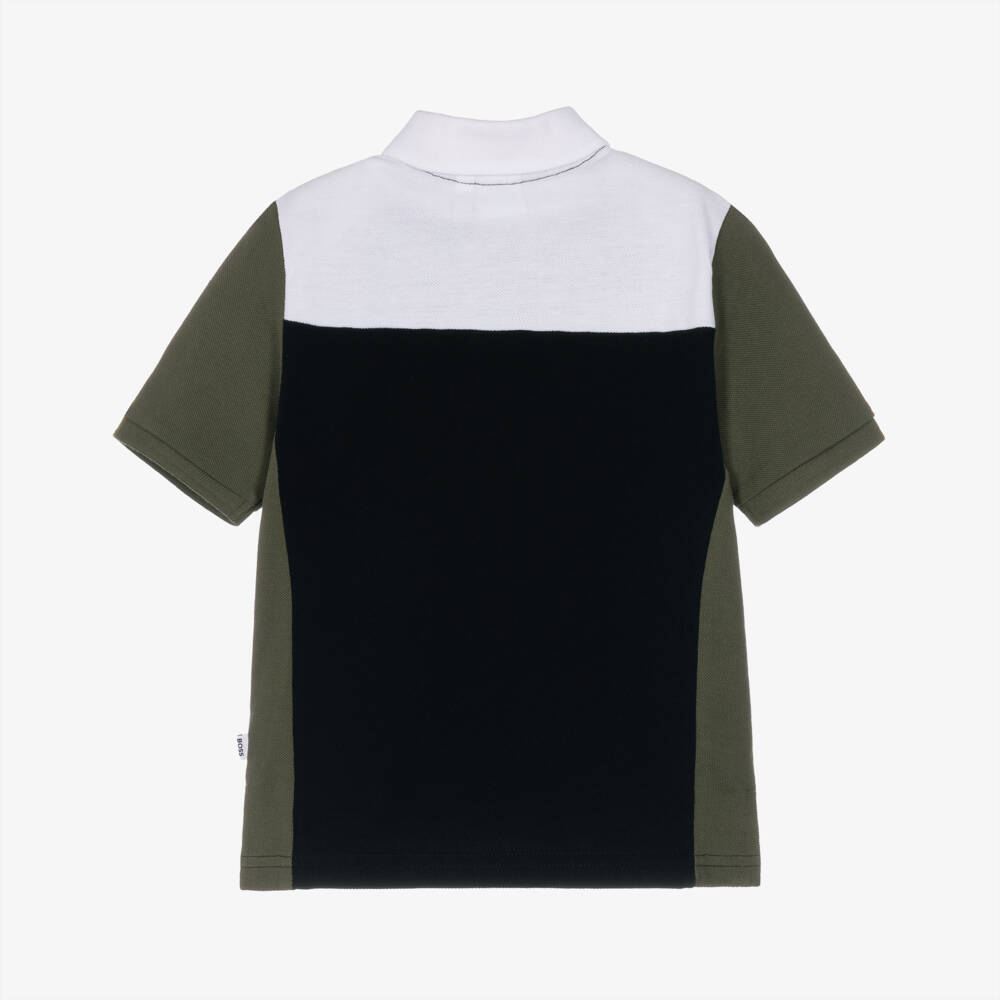 BOSS-Boys Black & Green Cotton Piqué Polo Shirt | Childrensalon