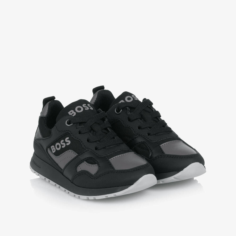 BOSS-Boys Black & Grey Lace-Up Trainers with Logo | Childrensalon
