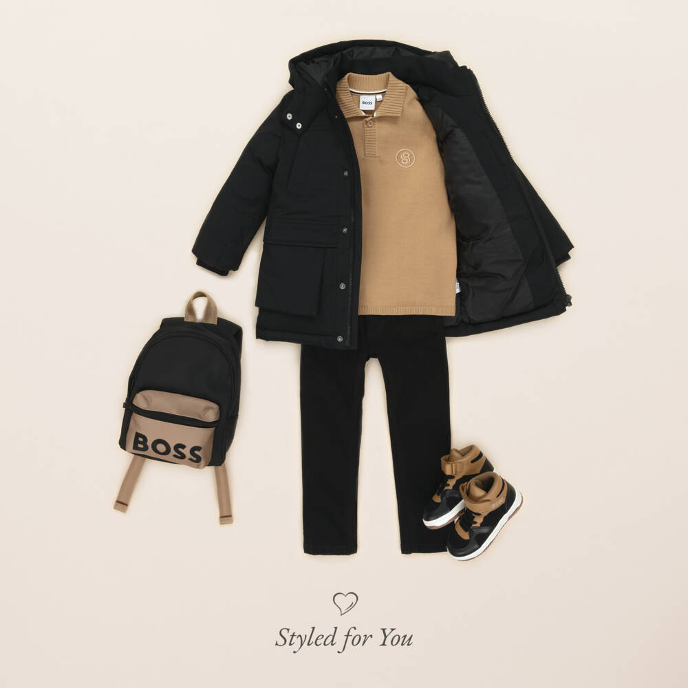 BOSS-Boys Black Hooded Parka-Style Coat | Childrensalon