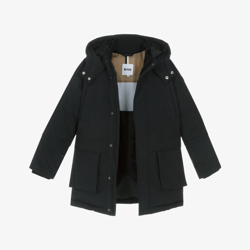 BOSS-Пальто-парка с капюшоном черное для мальчиков | Childrensalon