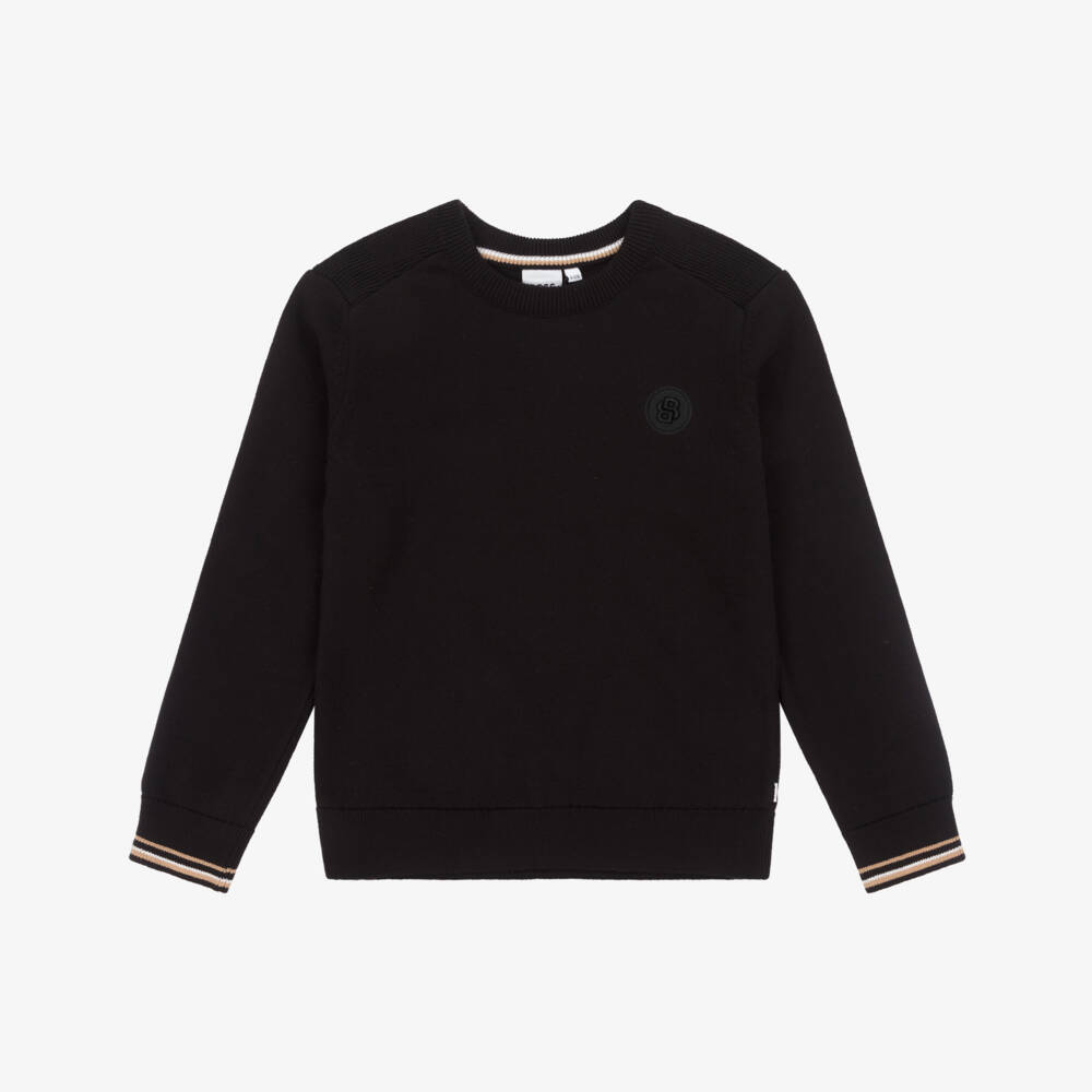 BOSS-بلوفر صوف وقطن محبوك لون أسود للأولاد | Childrensalon