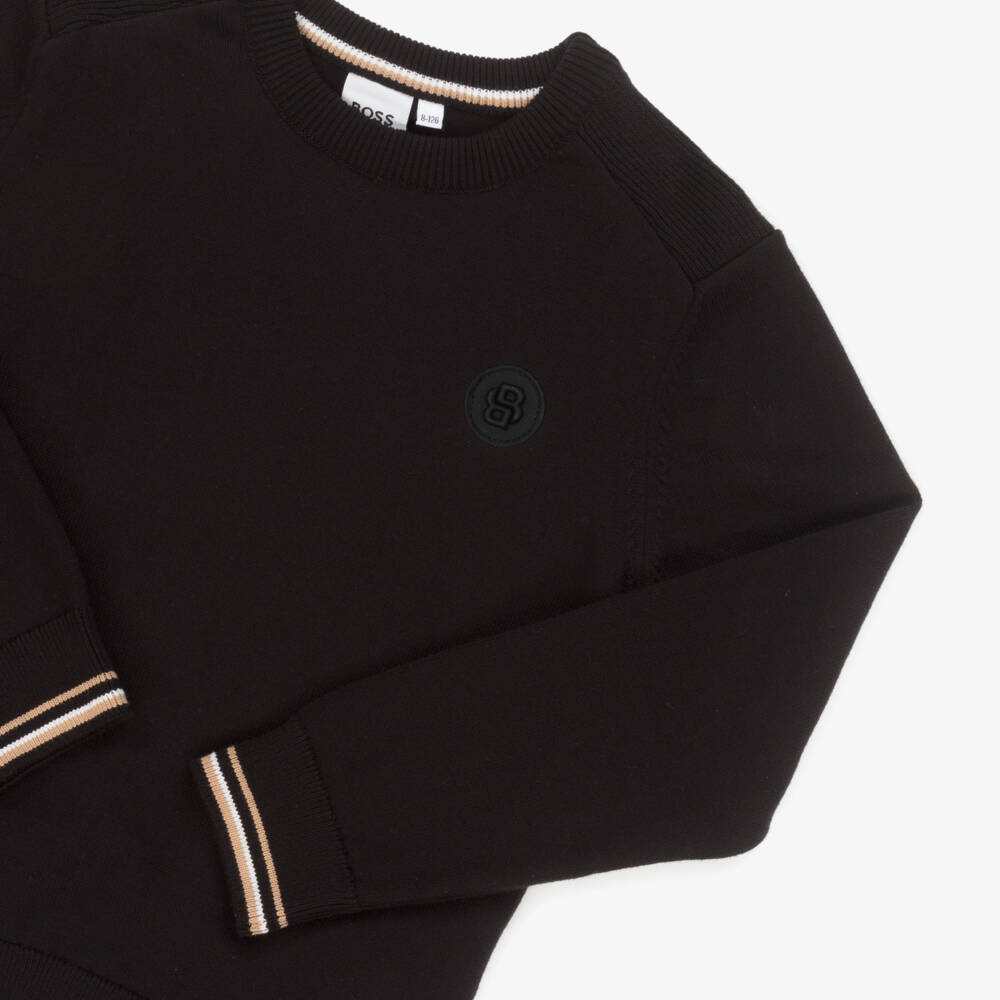 BOSS-بلوفر صوف وقطن محبوك لون أسود للأولاد | Childrensalon