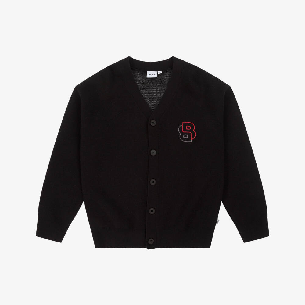 BOSS-Boys Black Knitted Logo Cardigan | Childrensalon