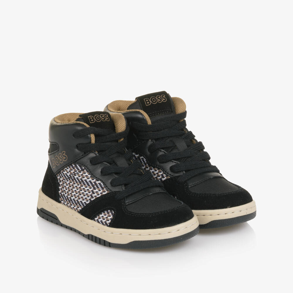 BOSS-Boys Black Leather High-Top Trainers with Check Panel | Childrensalon