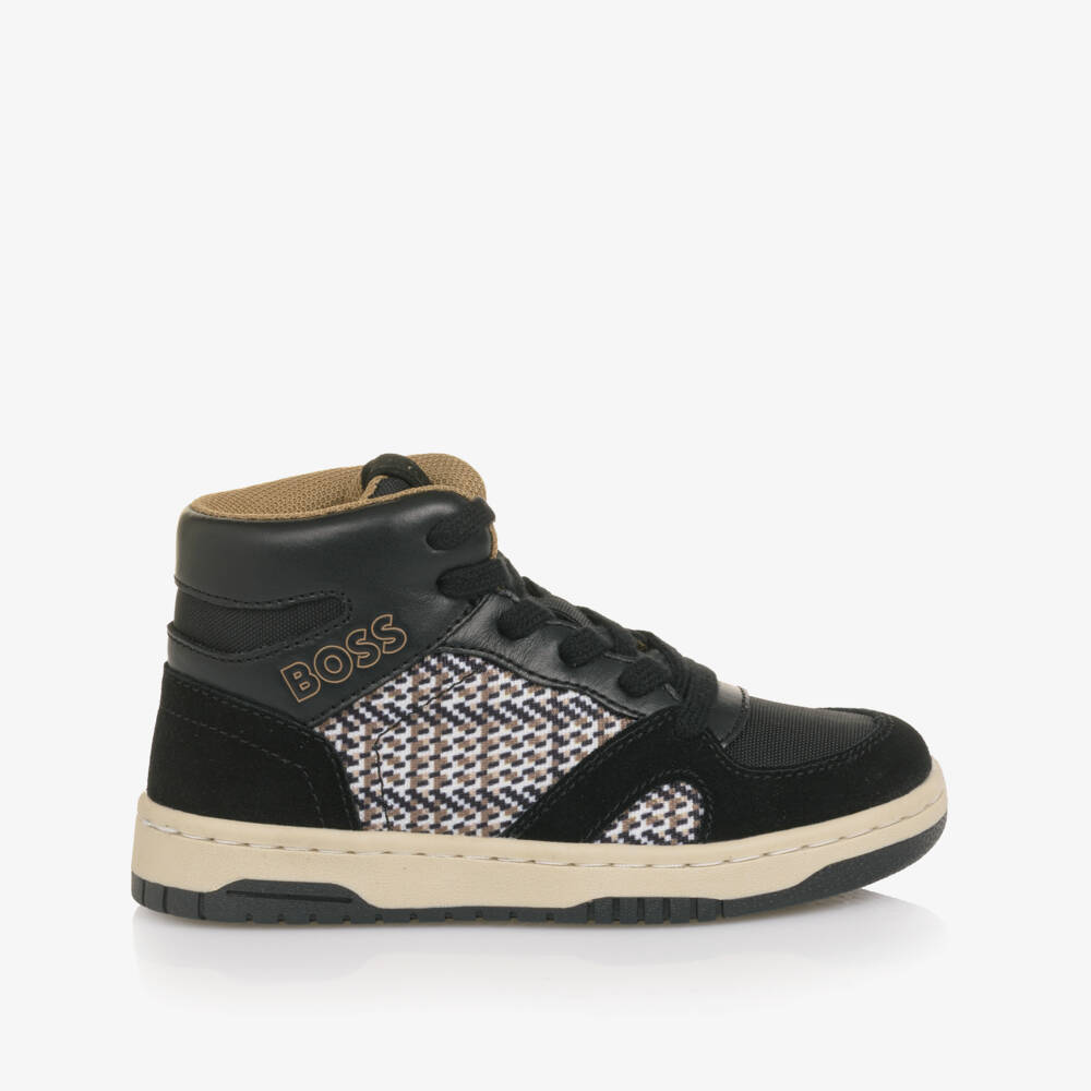 BOSS-Boys Black Leather High-Top Trainers with Check Panel | Childrensalon