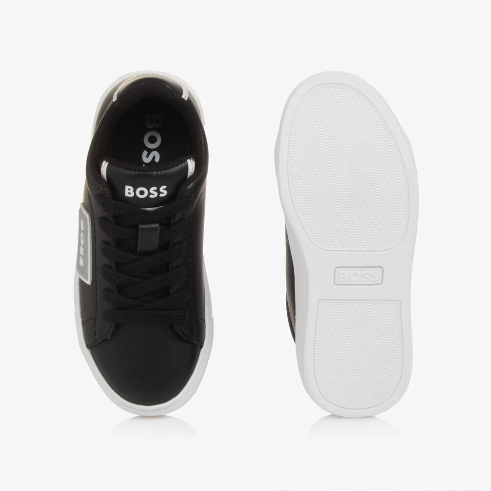 BOSS-Boys Black Leather Lace-Up Trainers | Childrensalon