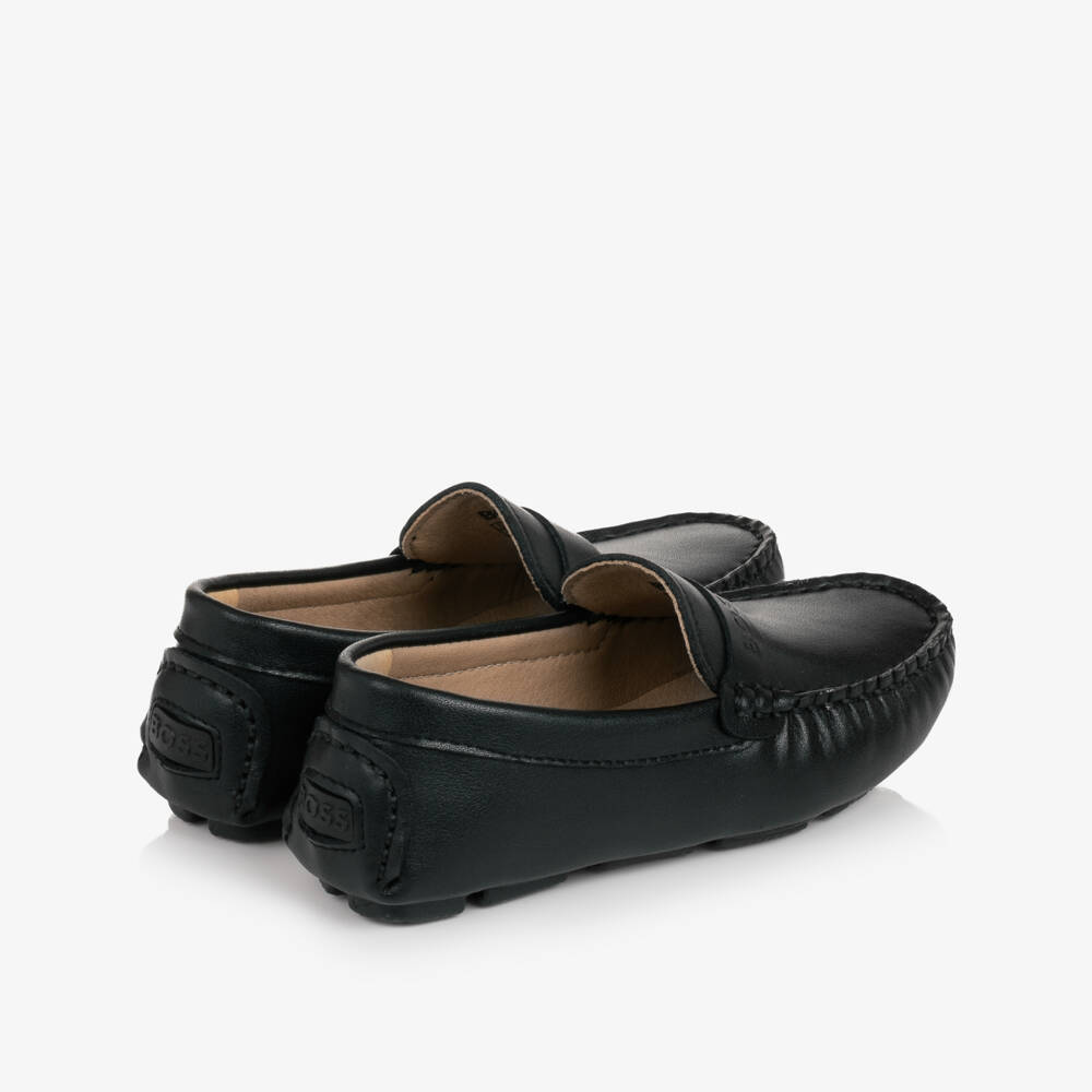 BOSS-Boys Black Leather Moccasins with Logo Strap | Childrensalon