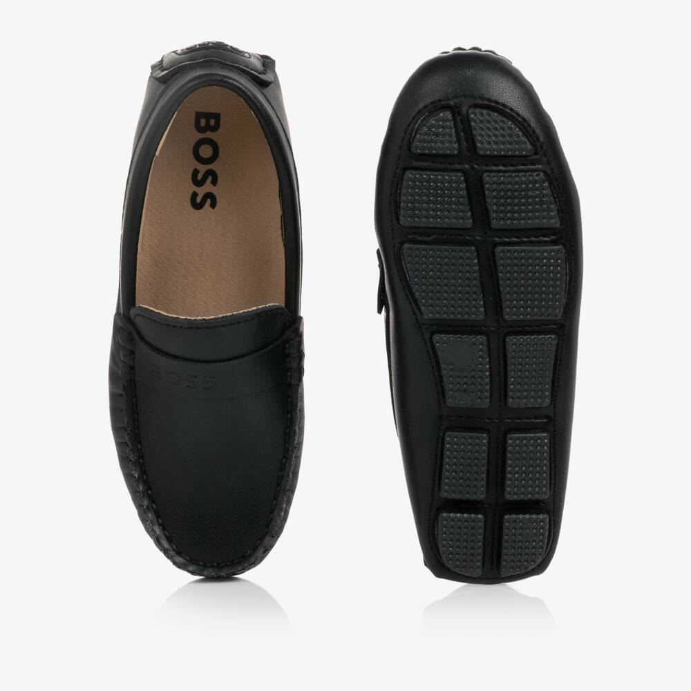 BOSS-Boys Black Leather Moccasins with Logo Strap | Childrensalon
