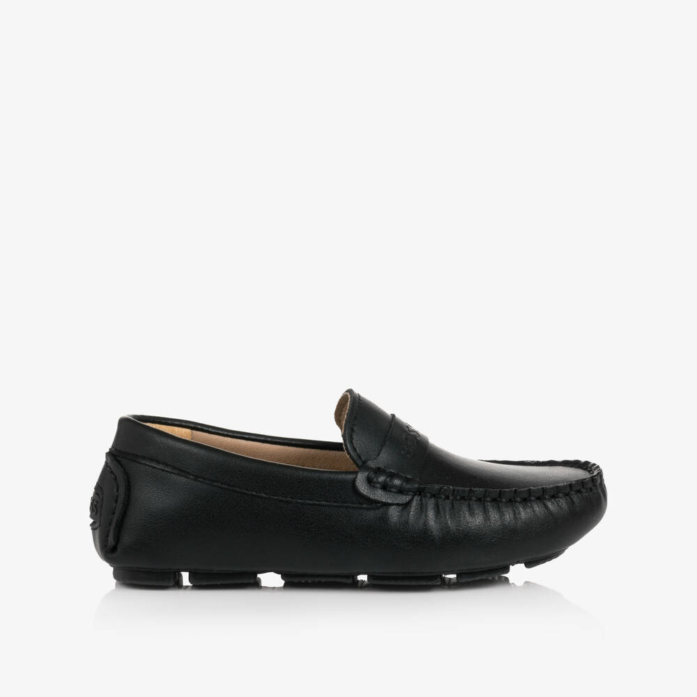 BOSS-Boys Black Leather Moccasins with Logo Strap | Childrensalon