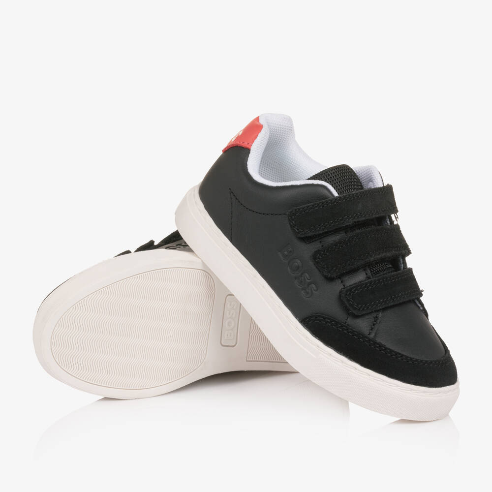 BOSS-Boys Black Leather & Suede Velcro Trainers | Childrensalon