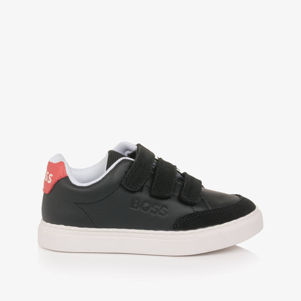 BOSS-Boys Black Leather & Suede Velcro Trainers | Childrensalon