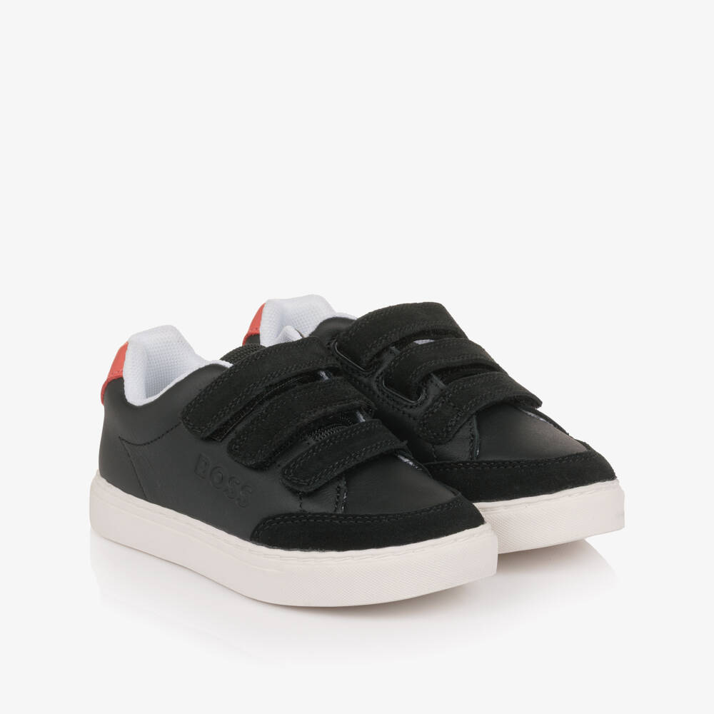 BOSS-Boys Black Leather & Suede Velcro Trainers | Childrensalon