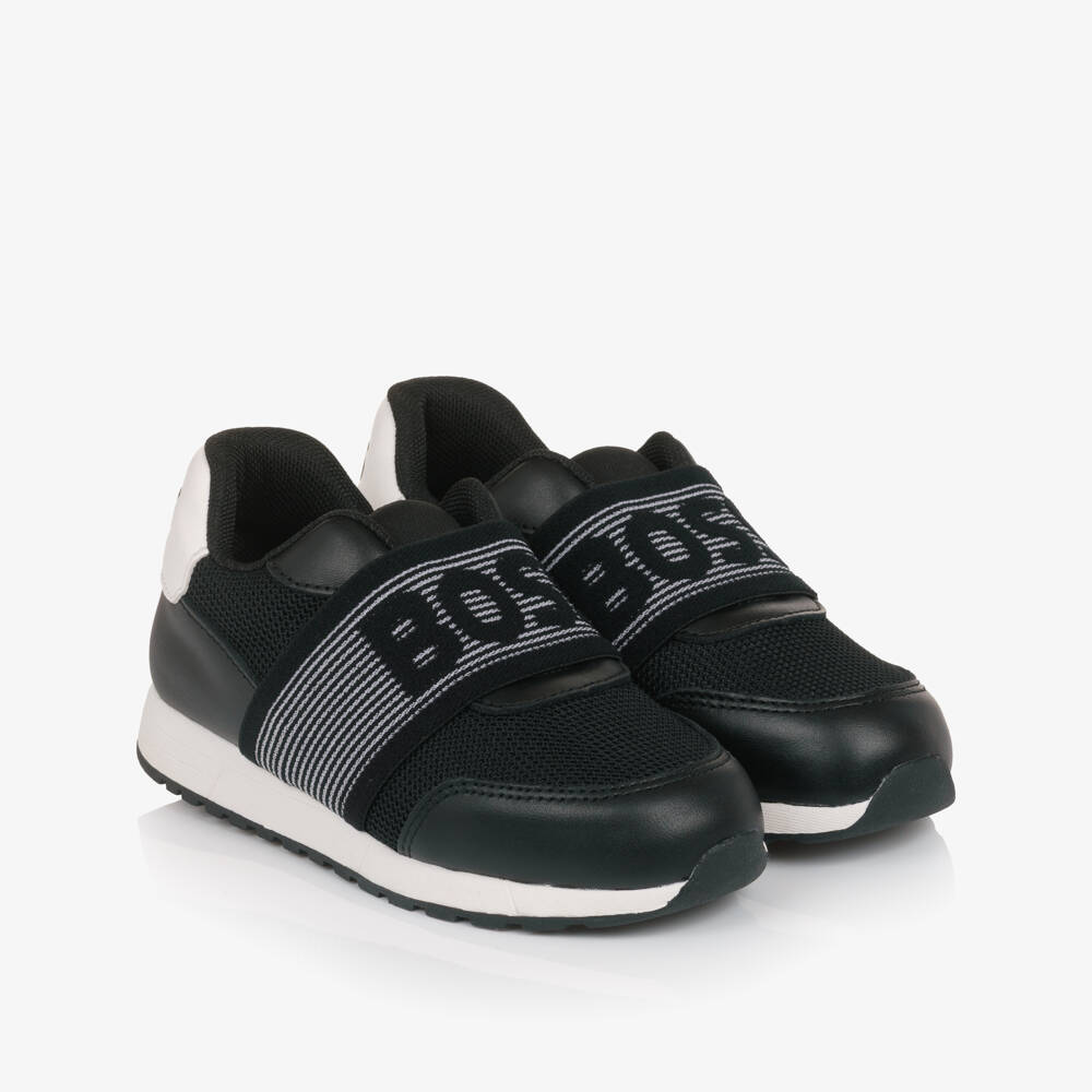 BOSS-Boys Black Mesh & Leather Slip-On Trainers | Childrensalon