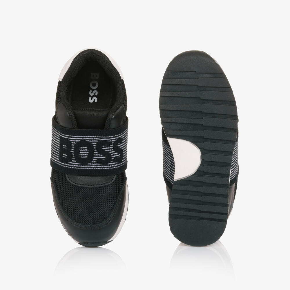 BOSS-Boys Black Mesh & Leather Slip-On Trainers | Childrensalon