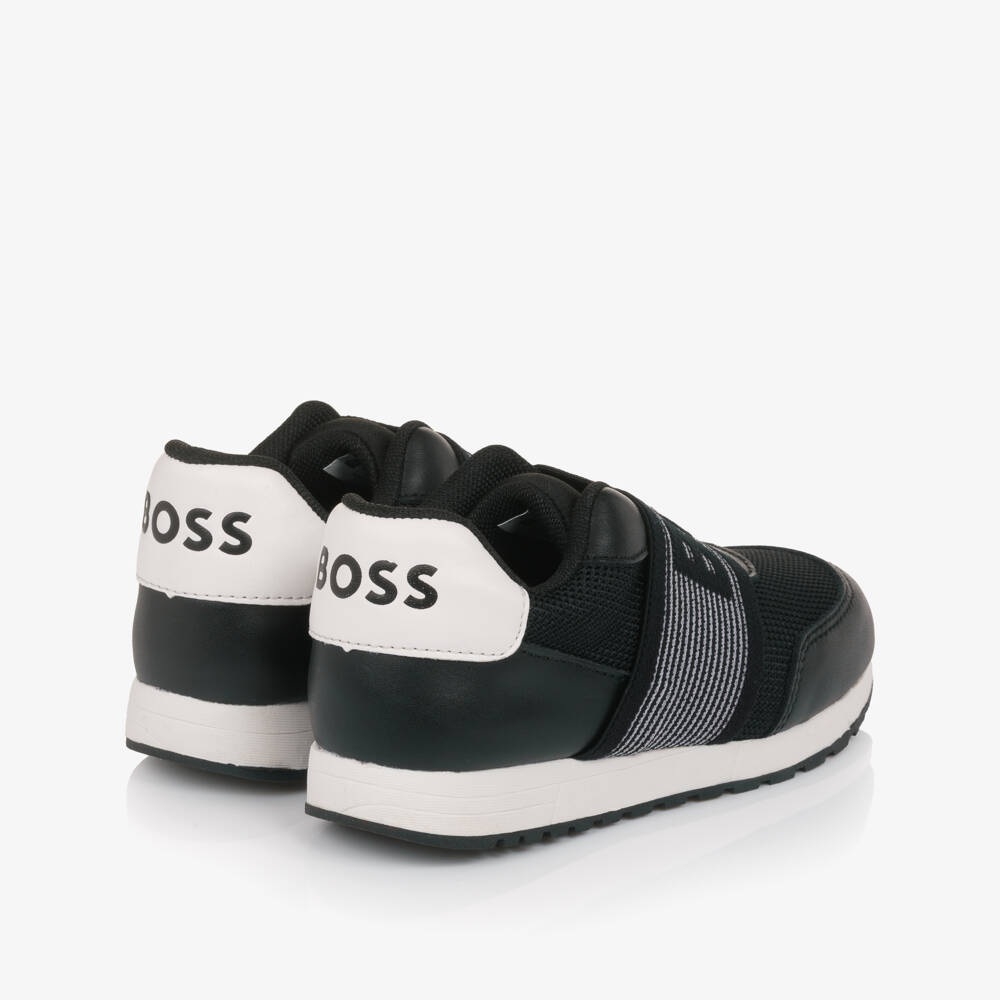 BOSS-Boys Black Mesh & Leather Slip-On Trainers | Childrensalon