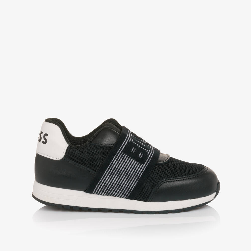 BOSS-Boys Black Mesh & Leather Slip-On Trainers | Childrensalon