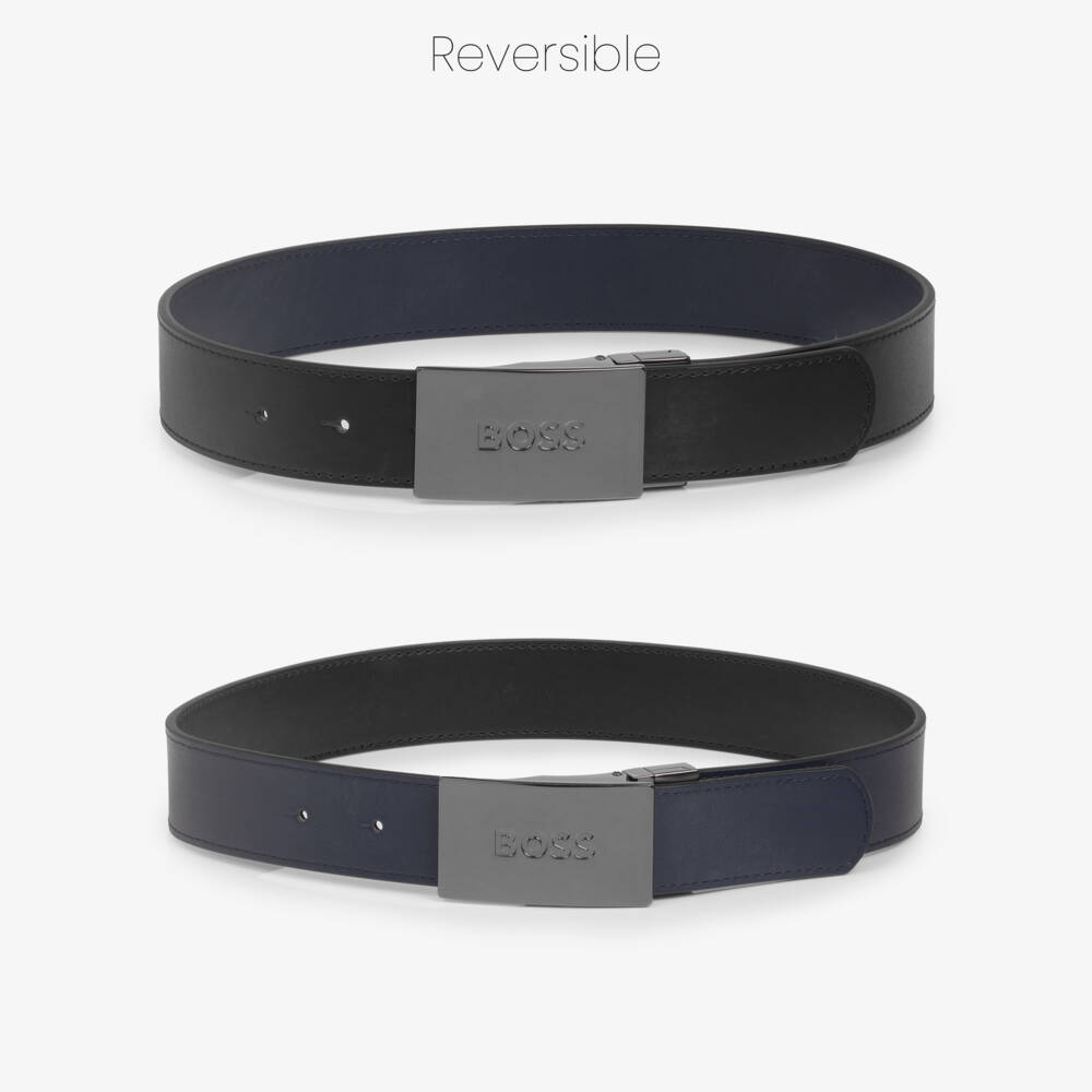 BOSS-Boys Black & Navy Blue Reversible Leather Belt | Childrensalon