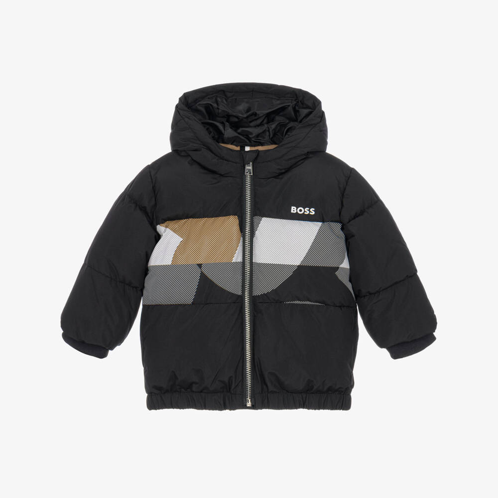 BOSS-Boys Black Puffer Jacket with Graphic Logo | Childrensalon