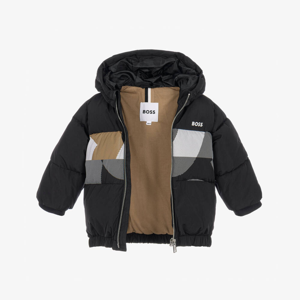BOSS-Boys Black Puffer Jacket with Graphic Logo | Childrensalon
