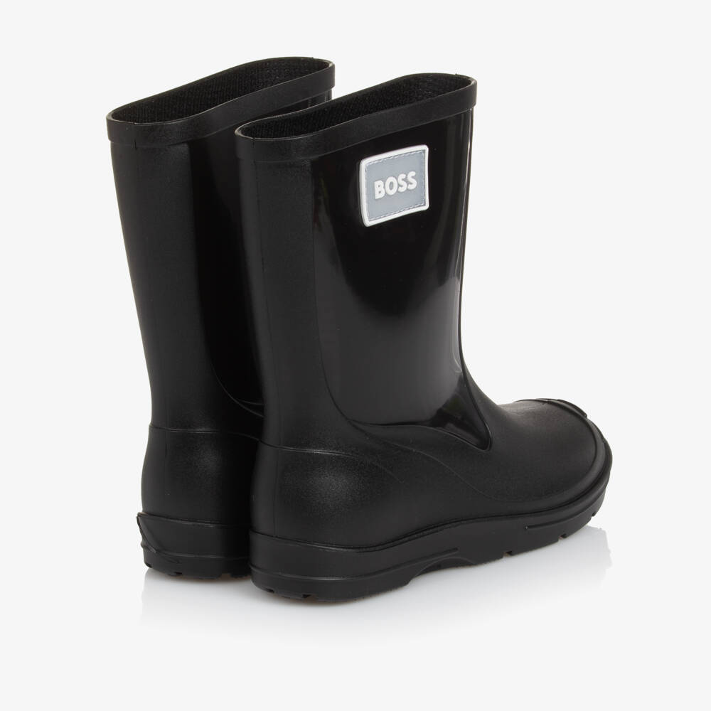 BOSS-Boys Black PVC Rain Boots with Shiny Side Panels | Childrensalon