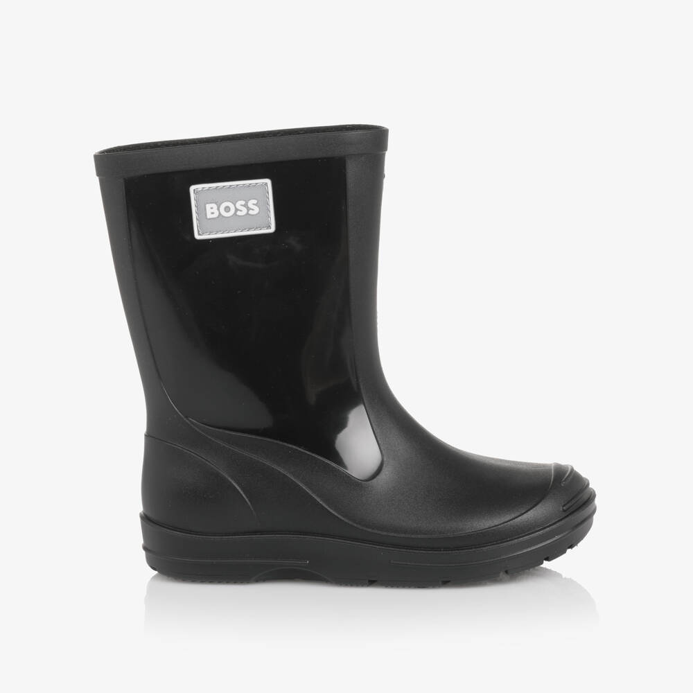 BOSS-Boys Black Rain Boots with Glossy Panels | Childrensalon