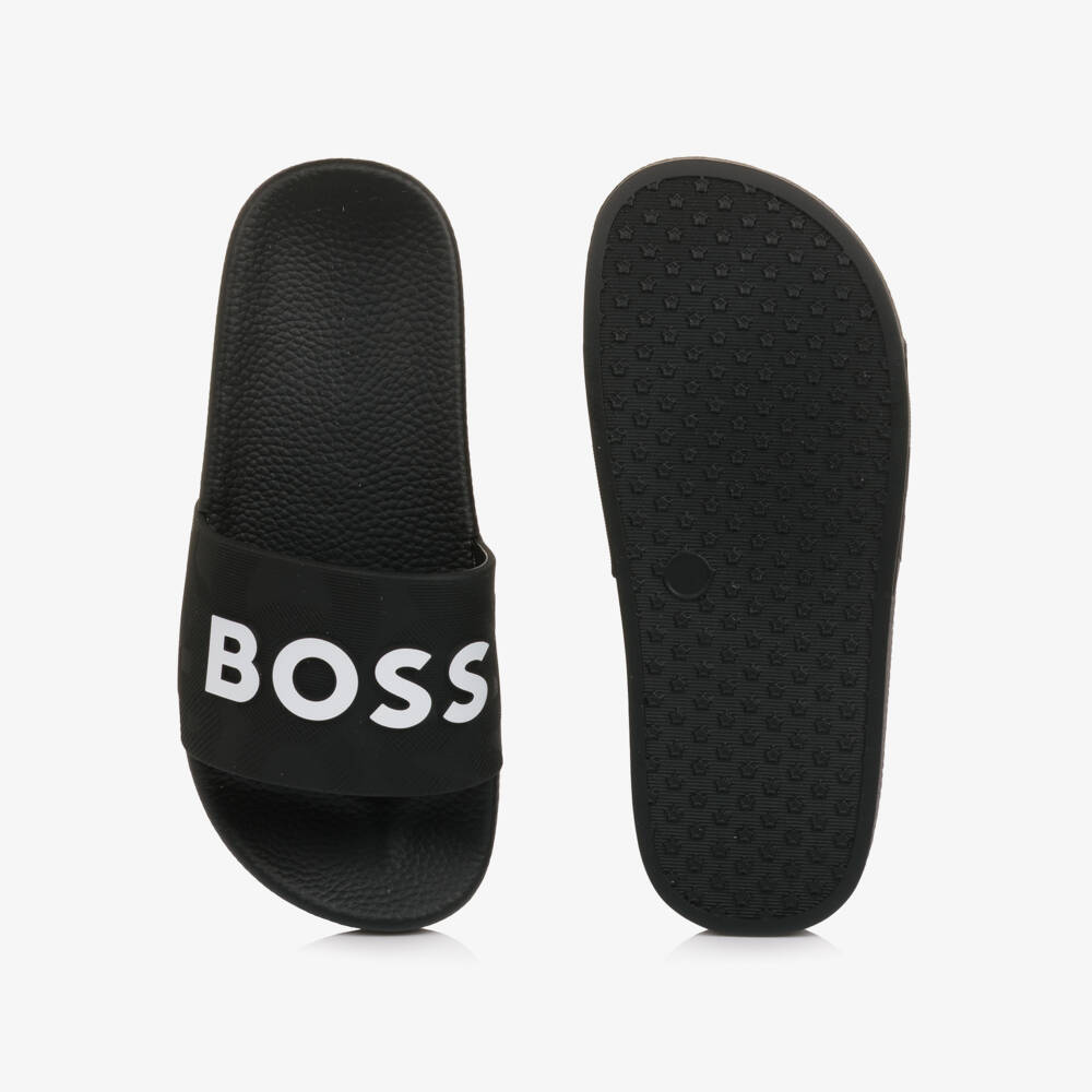 BOSS-Boys Black Sliders with White Logo | Childrensalon