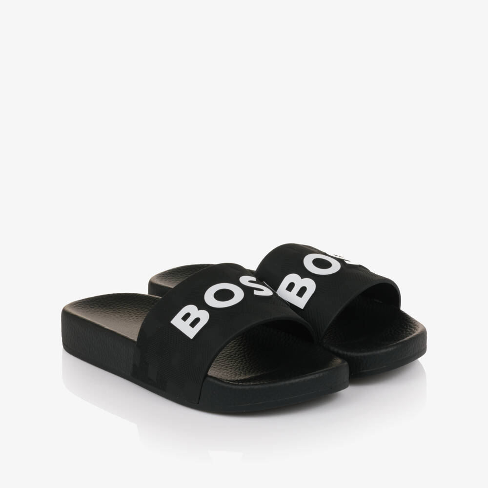 BOSS-Boys Black Sliders with White Logo | Childrensalon