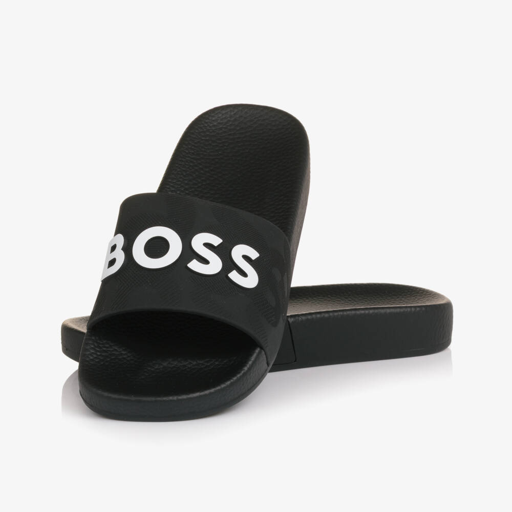 BOSS-Boys Black Sliders with White Logo | Childrensalon