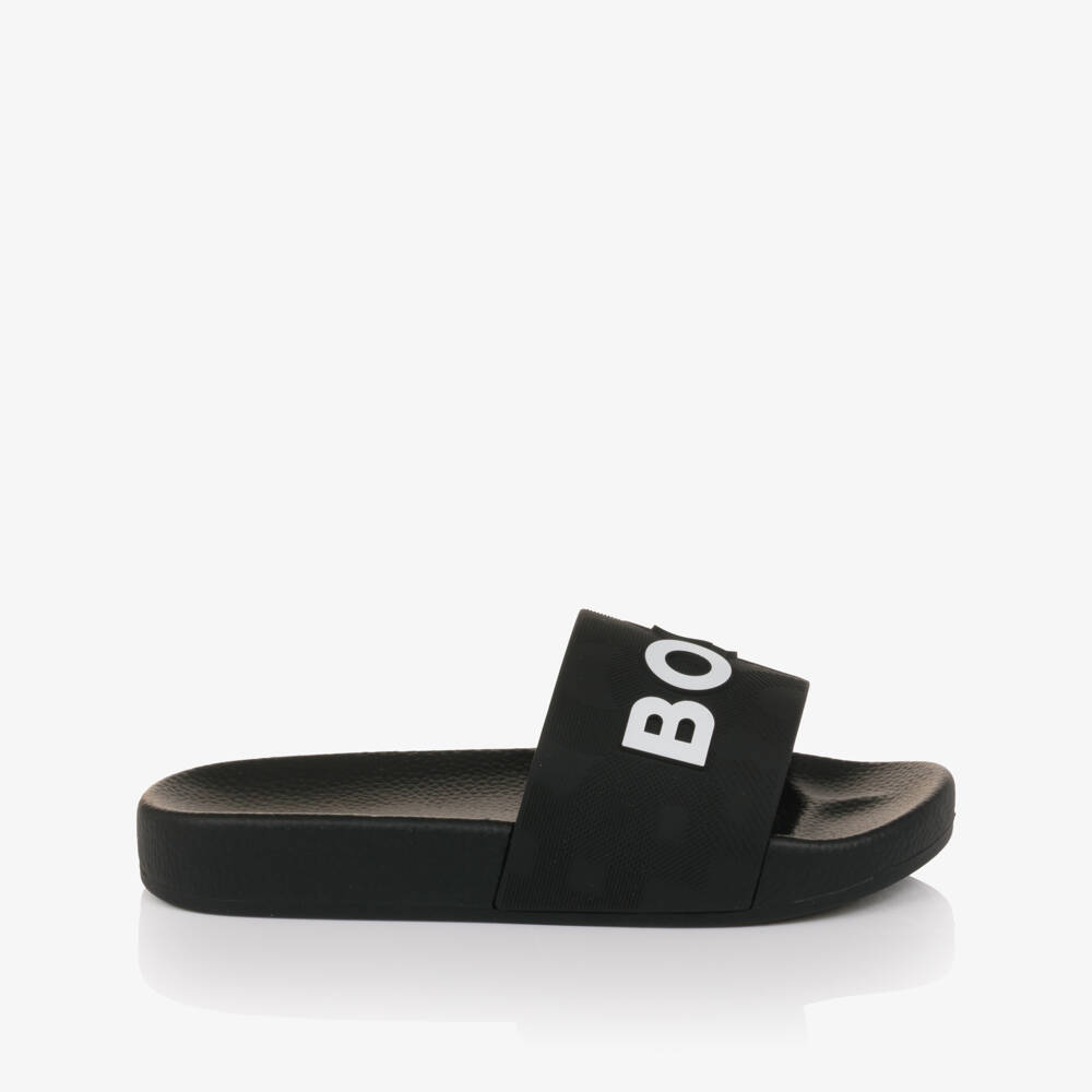 BOSS-Boys Black Sliders with White Logo | Childrensalon