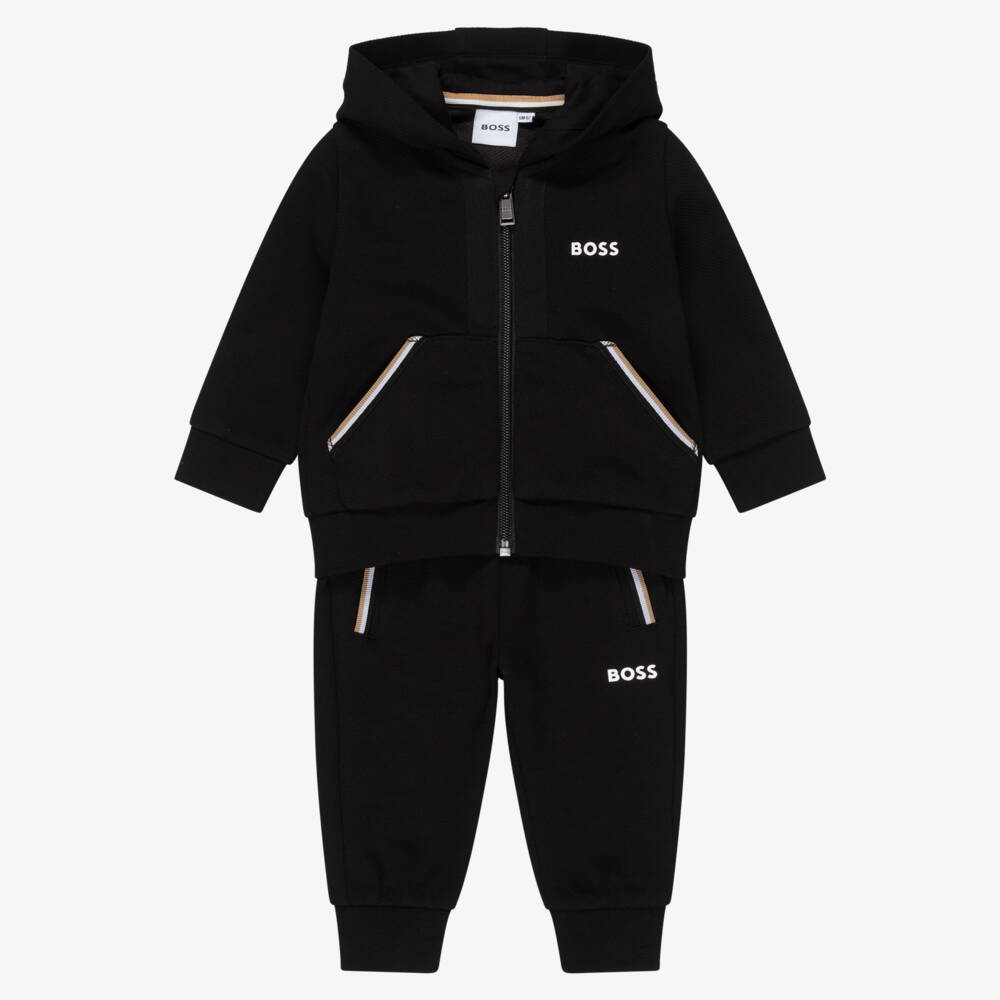 BOSS-Boys Black Tracksuit with Signature Striped Trim | Childrensalon