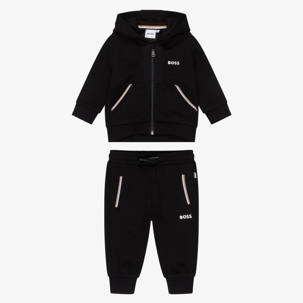 BOSS-Boys Black Tracksuit with Signature Striped Trim | Childrensalon