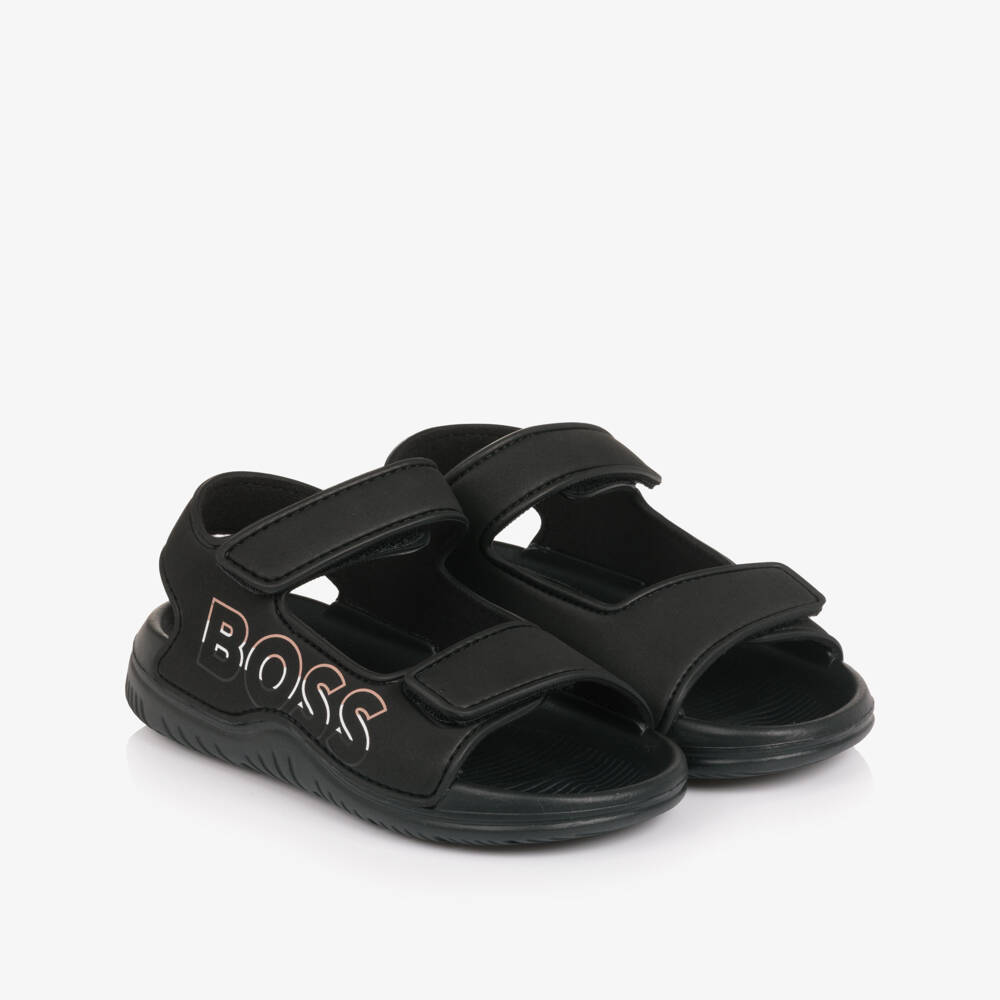 BOSS-Boys Black Velcro Sandals with Logo | Childrensalon