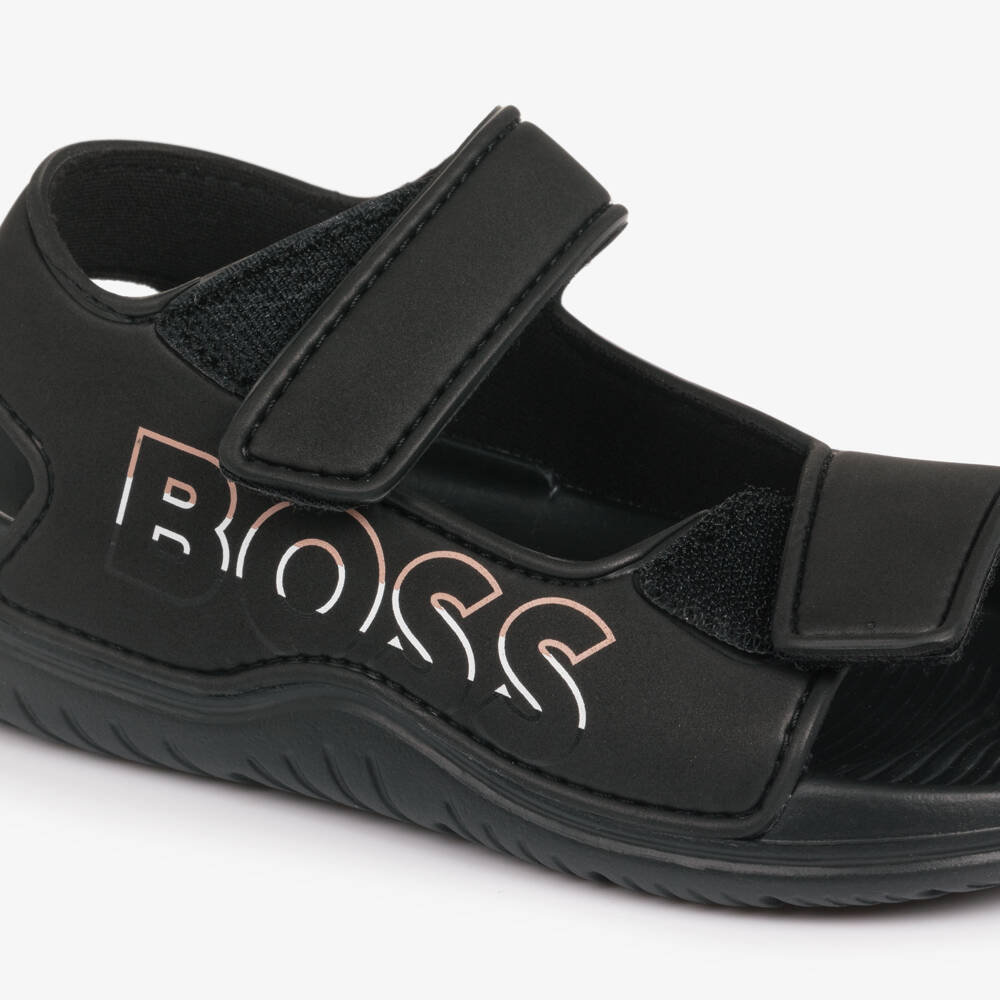 BOSS-Boys Black Velcro Sandals with Logo | Childrensalon