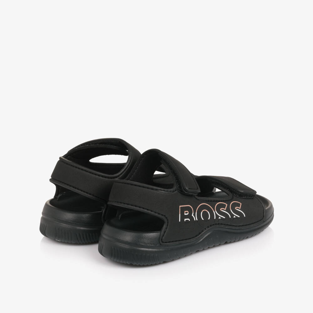 BOSS-Boys Black Velcro Sandals with Logo | Childrensalon