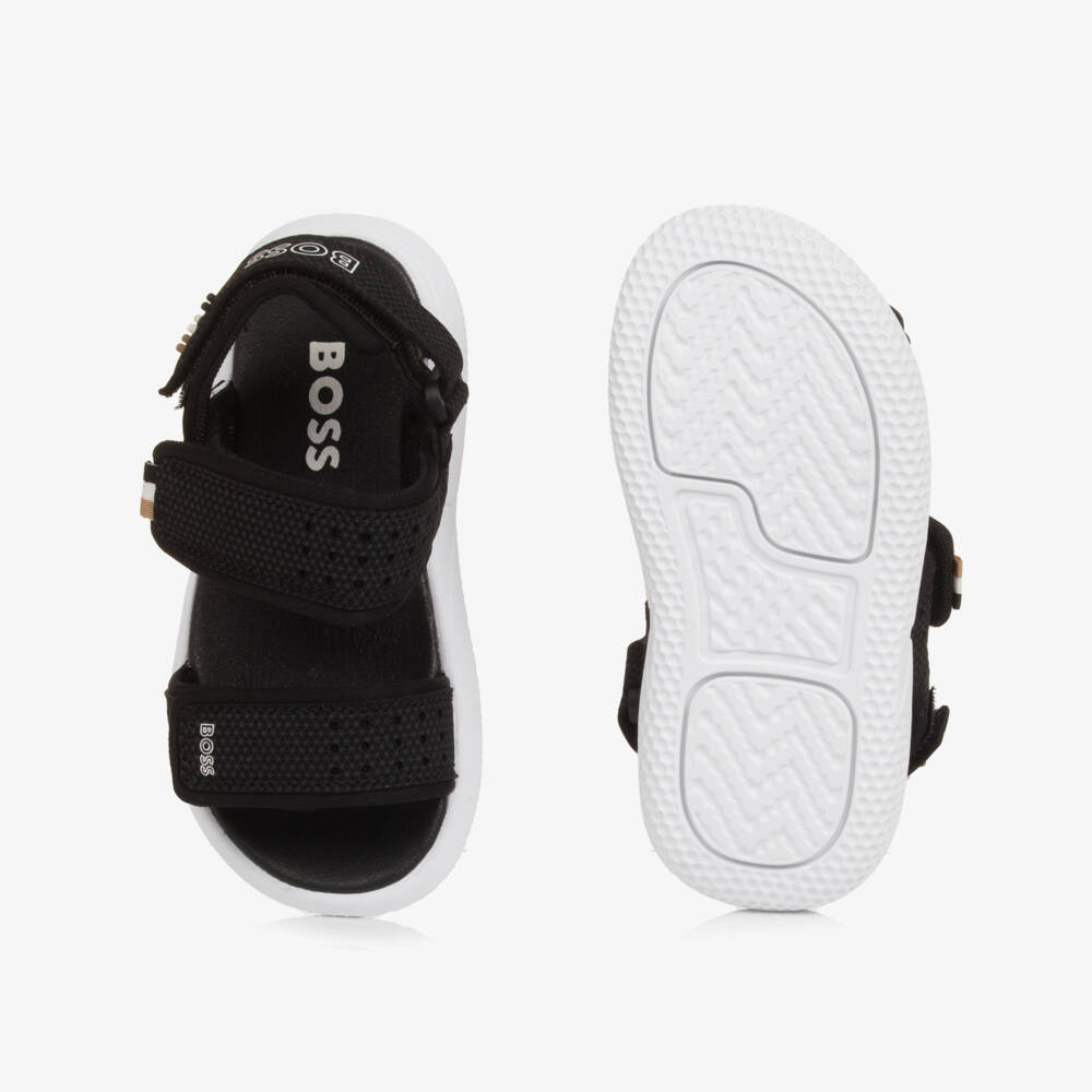 BOSS-Сандалии на липучке черные с белым логотипом для мальчиков | Childrensalon
