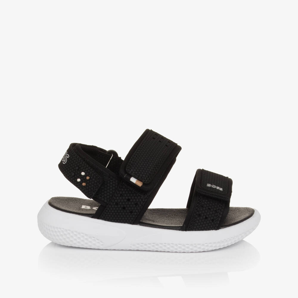 BOSS-Сандалии на липучке черные с белым логотипом для мальчиков | Childrensalon
