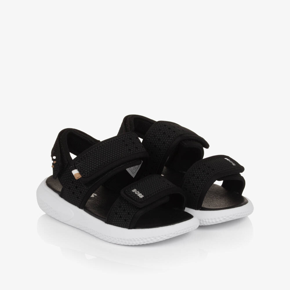 BOSS-Boys Black Velcro Sandals with White Logo Print | Childrensalon