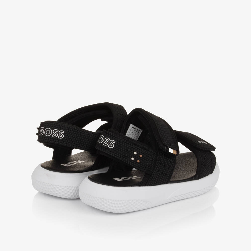 BOSS-Сандалии на липучке черные с белым логотипом для мальчиков | Childrensalon