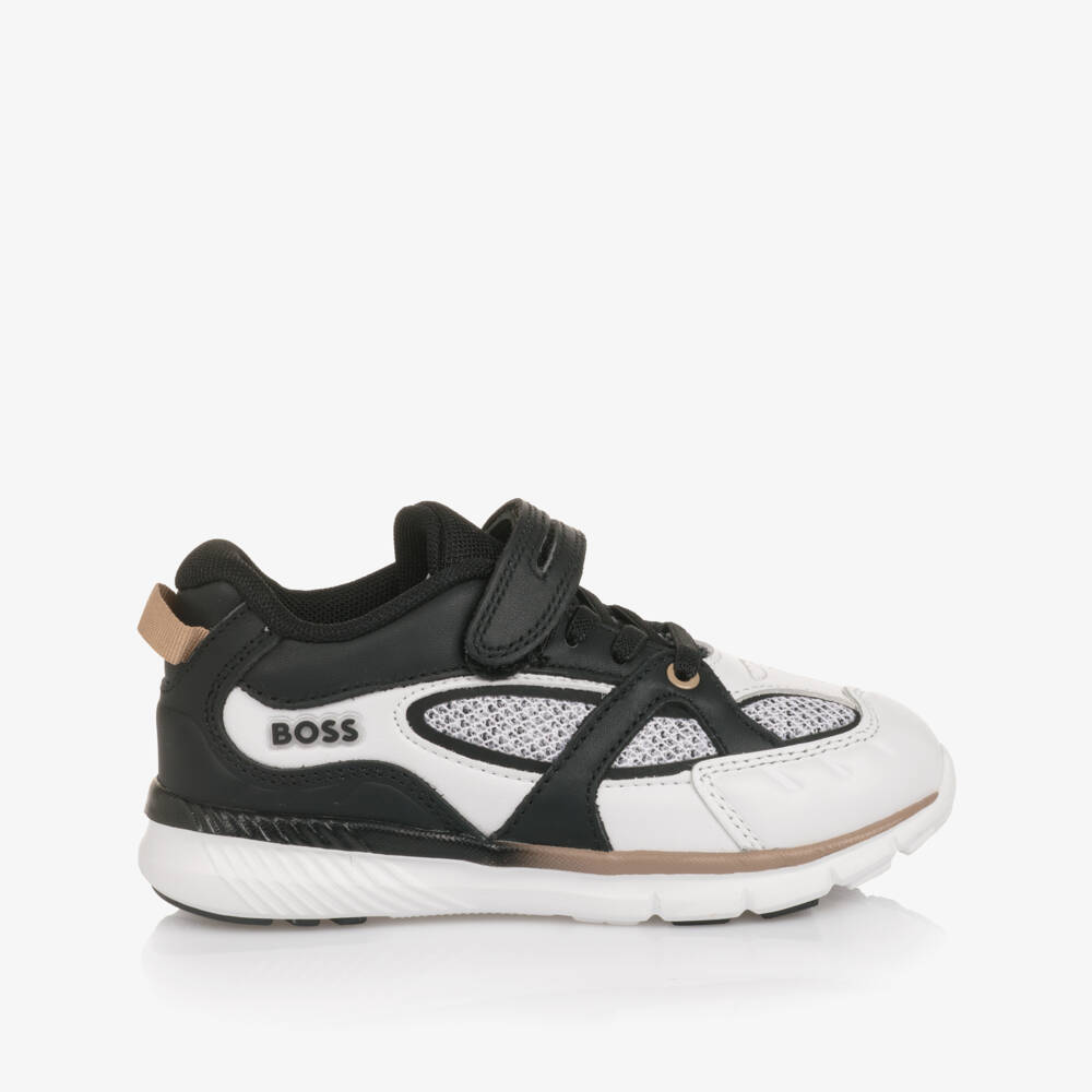 BOSS-Boys Black & White Leather & Mesh Trainers | Childrensalon