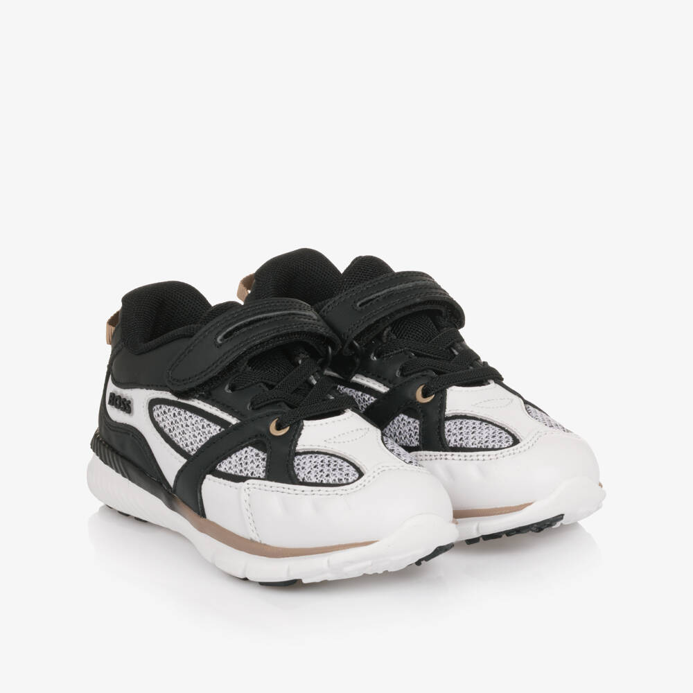 BOSS-Boys Black & White Leather & Mesh Trainers | Childrensalon