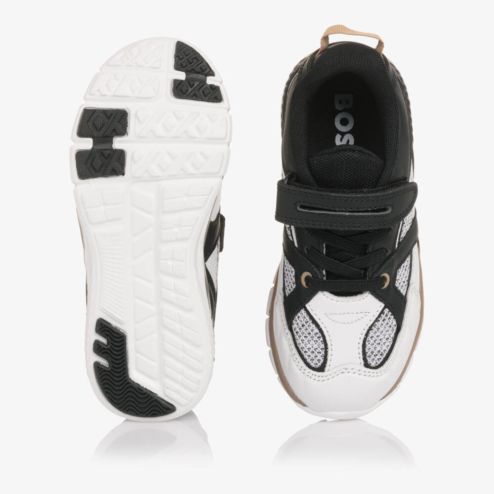 BOSS-Boys Black & White Leather & Mesh Trainers | Childrensalon