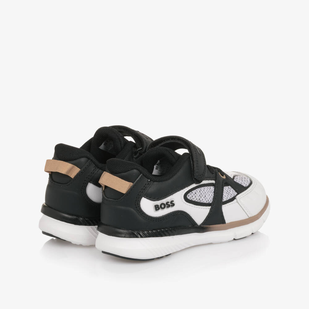 BOSS-Boys Black & White Leather & Mesh Trainers | Childrensalon