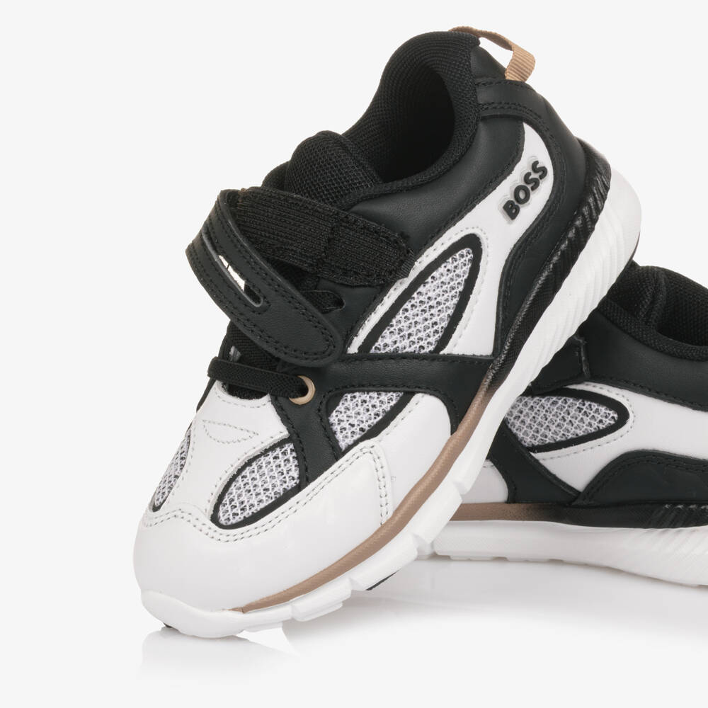 BOSS-Boys Black & White Leather & Mesh Trainers | Childrensalon