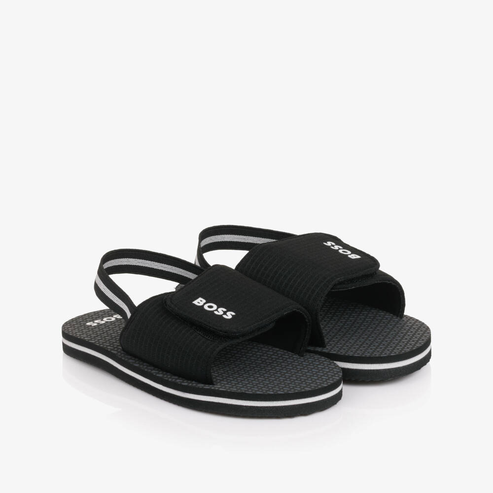 BOSS-Boys Black Wide Velcro Strap Logo Sandals | Childrensalon