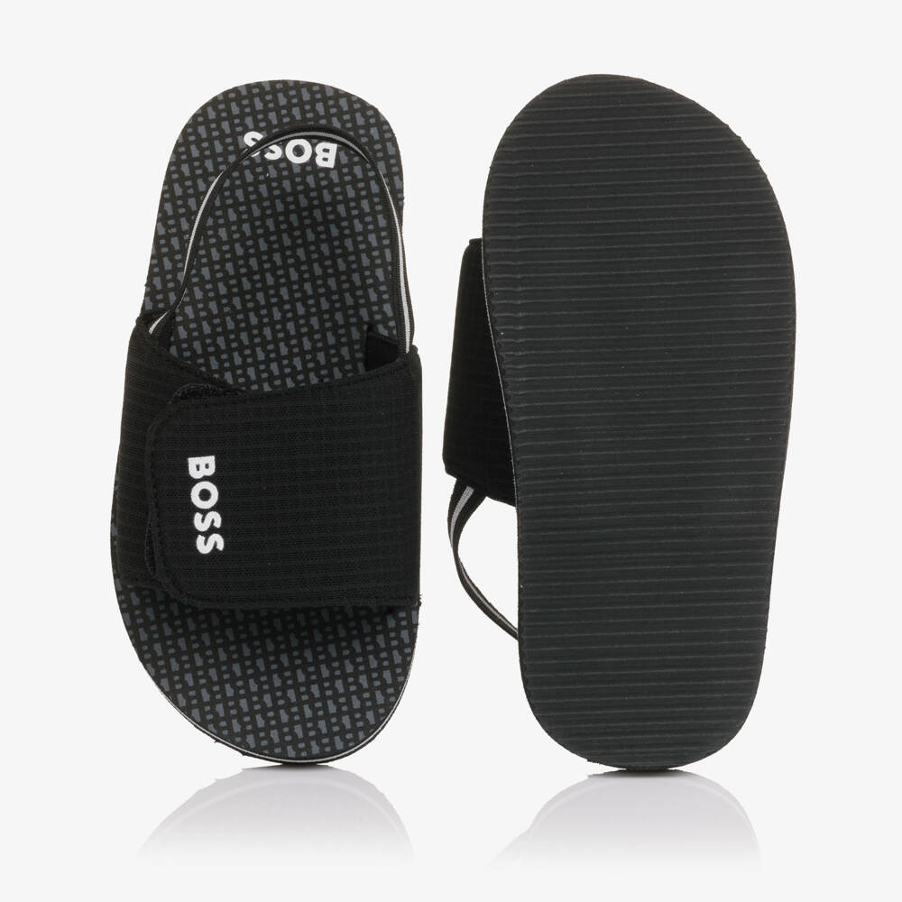 BOSS-Boys Black Wide Velcro Strap Logo Sandals | Childrensalon